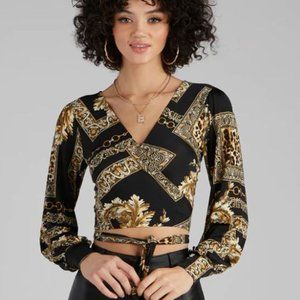 Windsor Womens Royal Wraps Scroll Cheetah Print Long Sleeve Crop Top